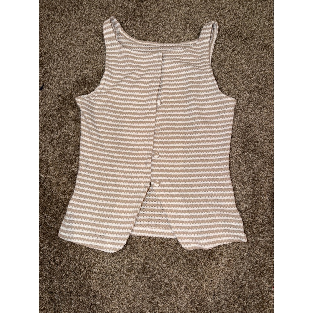 Tan and White Striped Sleeveless Button Front Knit Tank Top Medium (596) - Picture 1 of 6